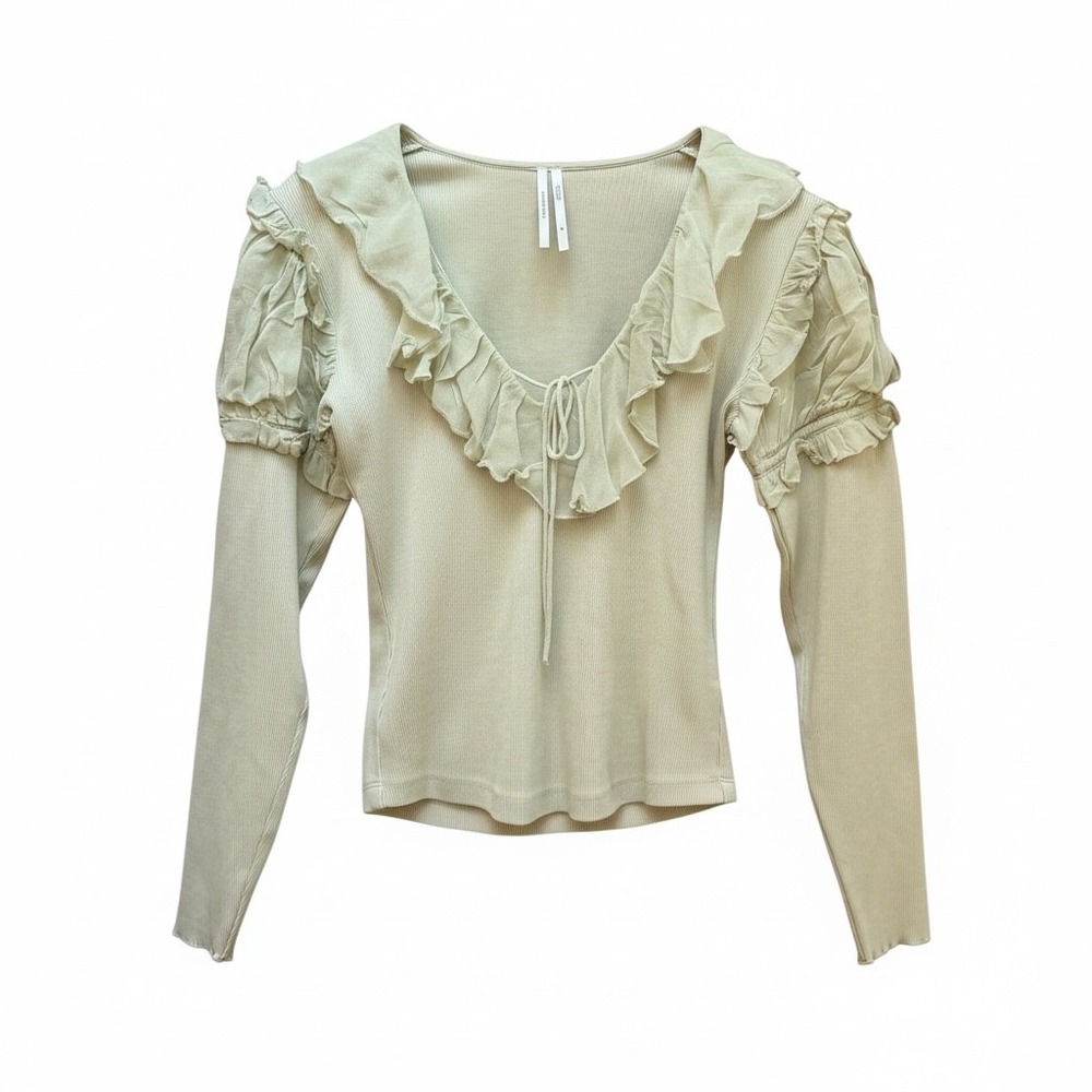 Anthropologie Top Womens M Green Ruffle Tie Front Ribbed Knit Long Sleeve Boho